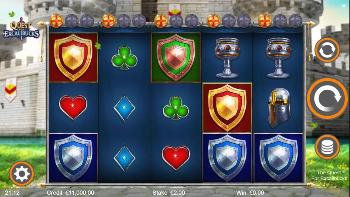 The Quest™ for Excalibucks slot machine interface com tema medieval